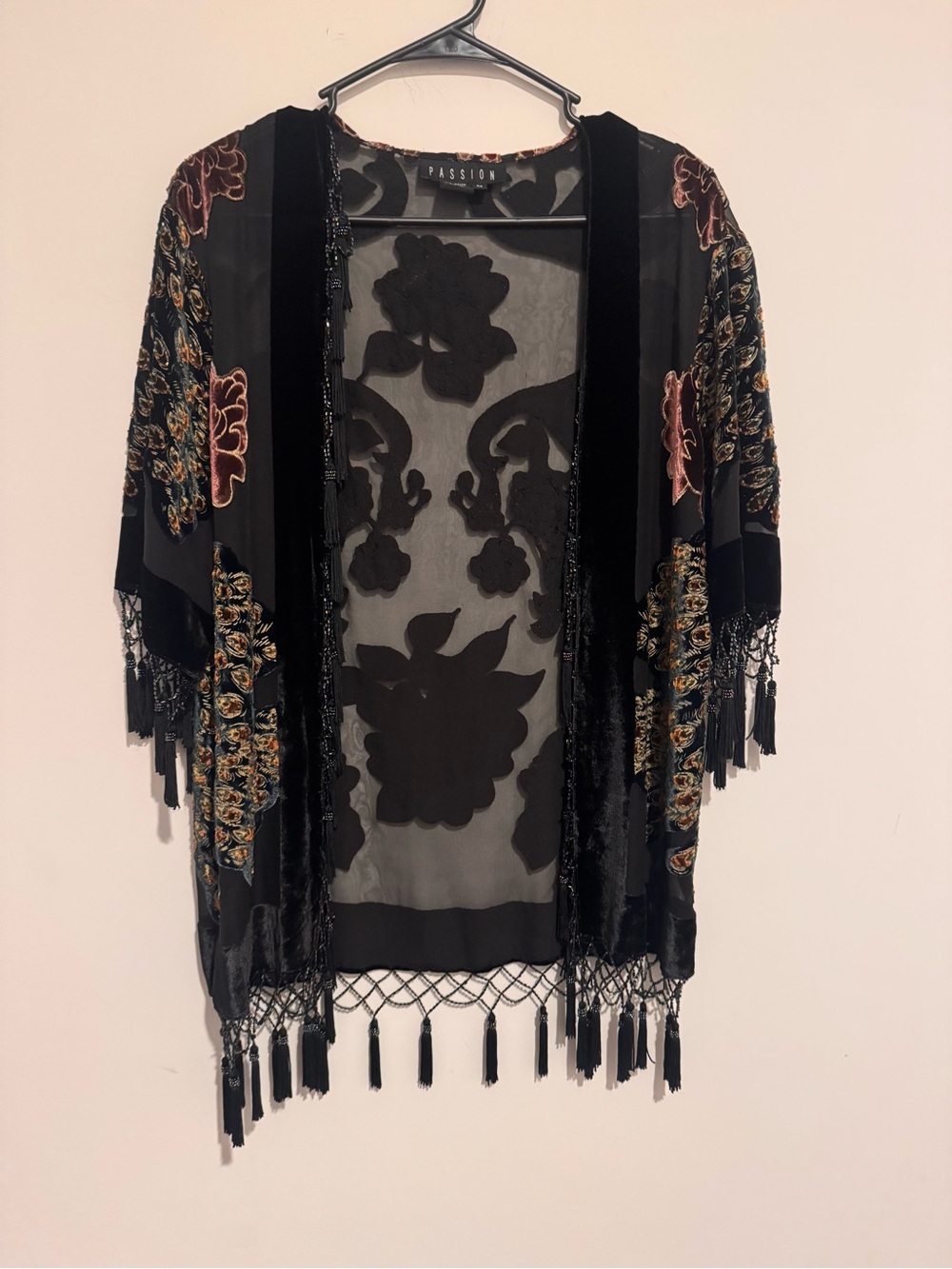 Vintage Black Sheer Fringe Tunic with Floral Embroidery